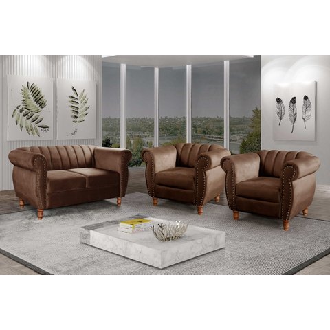Conjunto Sofá com Poltronas Chesterfield 4 Lugares Veludo Marrom Realeza 146cm