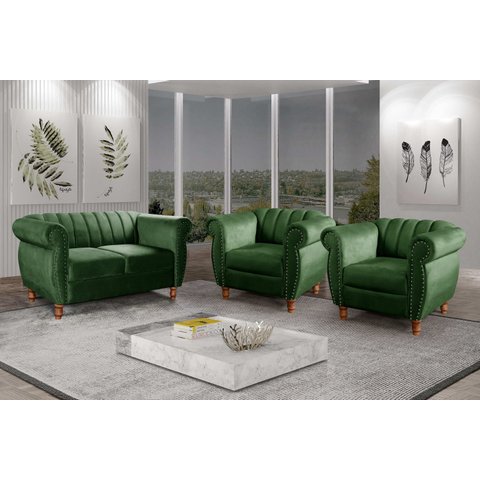 Conjunto Realeza Sofá com Poltronas Chesterfield Decoração Verde