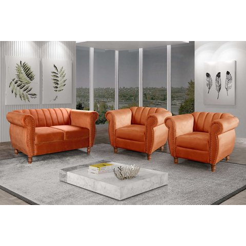 Conjunto Realeza Sofá com Poltronas Chesterfield Decoração Laranja Terracota