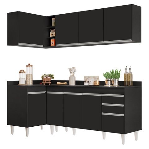 Armário de Cozinha Modulado de Canto Direito 4 Peças Cp41 Balcão com Tampo Preto - Lumil Lumil Móvei