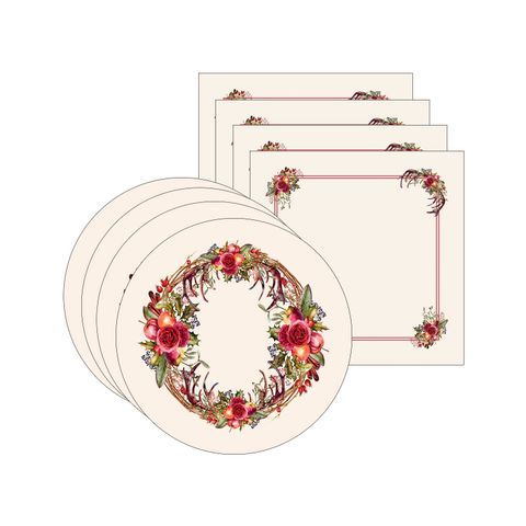 Kit Sousplat + Guardanapo Natal Galhada Flores - 4 Peças - sem Base