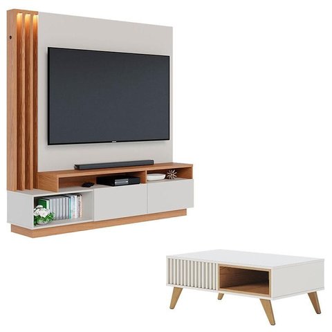 Estante Home Theater Humaitá Off White Matte Freijó com Mesa de Centro Jeri Off White Freijó - Colib