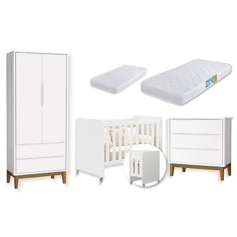 Quarto de Bebê Berço Evolution + Guarda Roupa Classic + Cômoda 3 Gavetas Classic Branco  2 Colchão