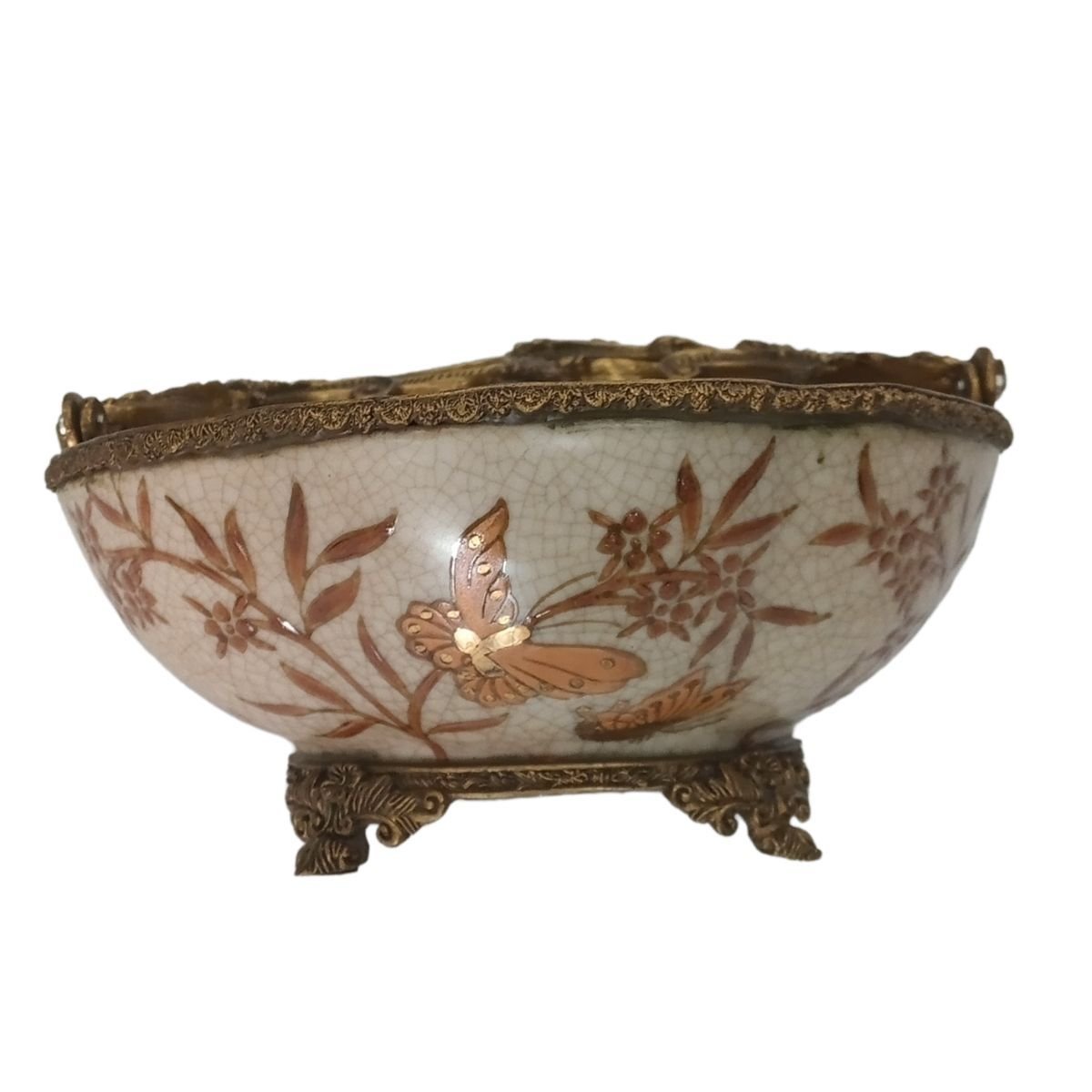 Cesta (bowl) em Porcelana Craquele com Alça e Detalhes em Bronze - Borboletas - 2