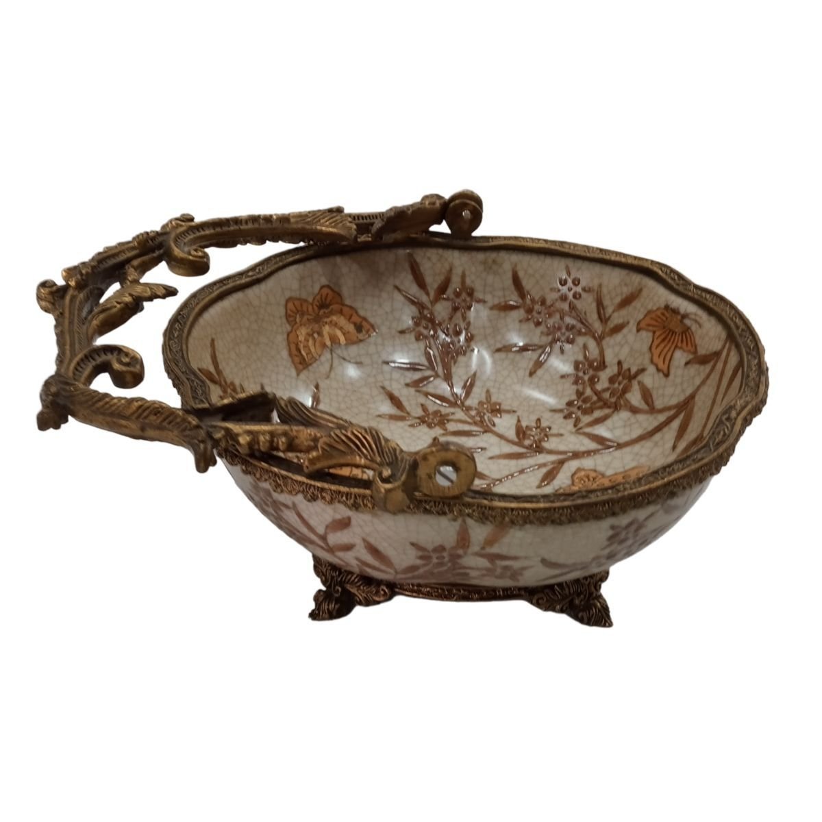 Cesta (bowl) em Porcelana Craquele com Alça e Detalhes em Bronze - Borboletas - 3