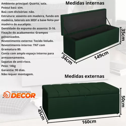 Calçadeira Baú Recamier Queen 160cm Carla Veludo:verde - 3