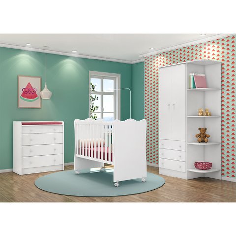 Jogo de Quarto Infantil Doce Sonho Berço Simples c/ Rodízio, Cômoda e Colchão Branco