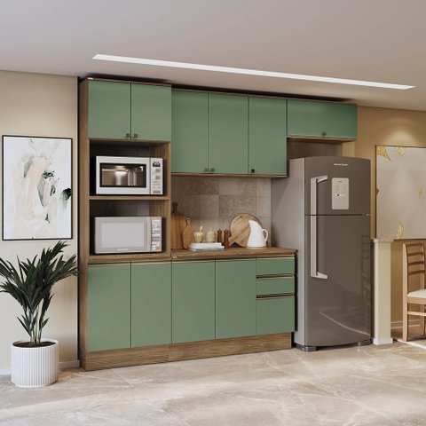 Armário de Cozinha Completa 100% Mdf 270cm Nogueira/verde Celeste Kappesberg