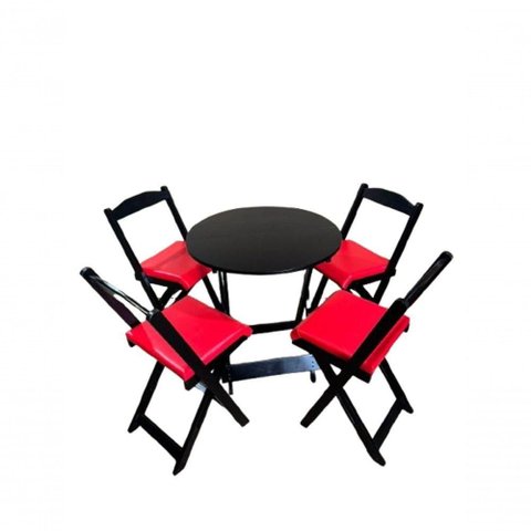 Conjunto Mesa Dobrável com 4 Cadeiras Redonda Preto Estofado Vermelho