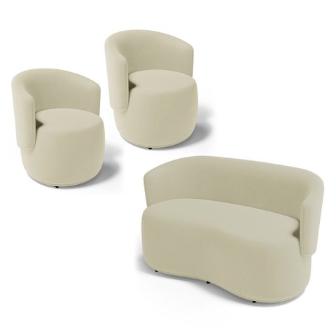 Kit 2 Poltronas e 1 Namoradeira Aisha Orgânica Suede Bege Claro - Desk Design