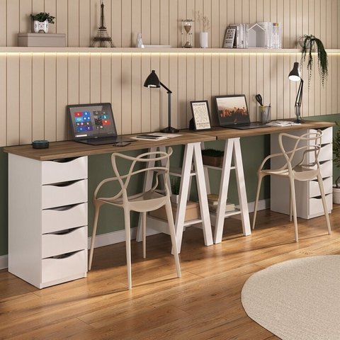Conjunto 2 Escrivaninhas Modernas Spirit com Gavetas e Prateleiras 1720cm Nogal E Branco