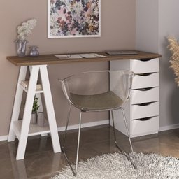 Conjunto 2 Escrivaninhas Modernas Spirit com Gavetas e Prateleiras 1720cm Nogal e Branco Artany - 3 Conjunto 2 Escrivaninhas Modernas Spirit com Gavetas e Prateleiras 1720cm Nogal e Branco Artany - 3