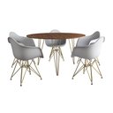 Ver imagem 5 de Mesa Jantar Redonda 110Cm Amêndoa Clips 3 Pés Com 5 Poltronas Brancas Base Dourada - Cor: Amendoa