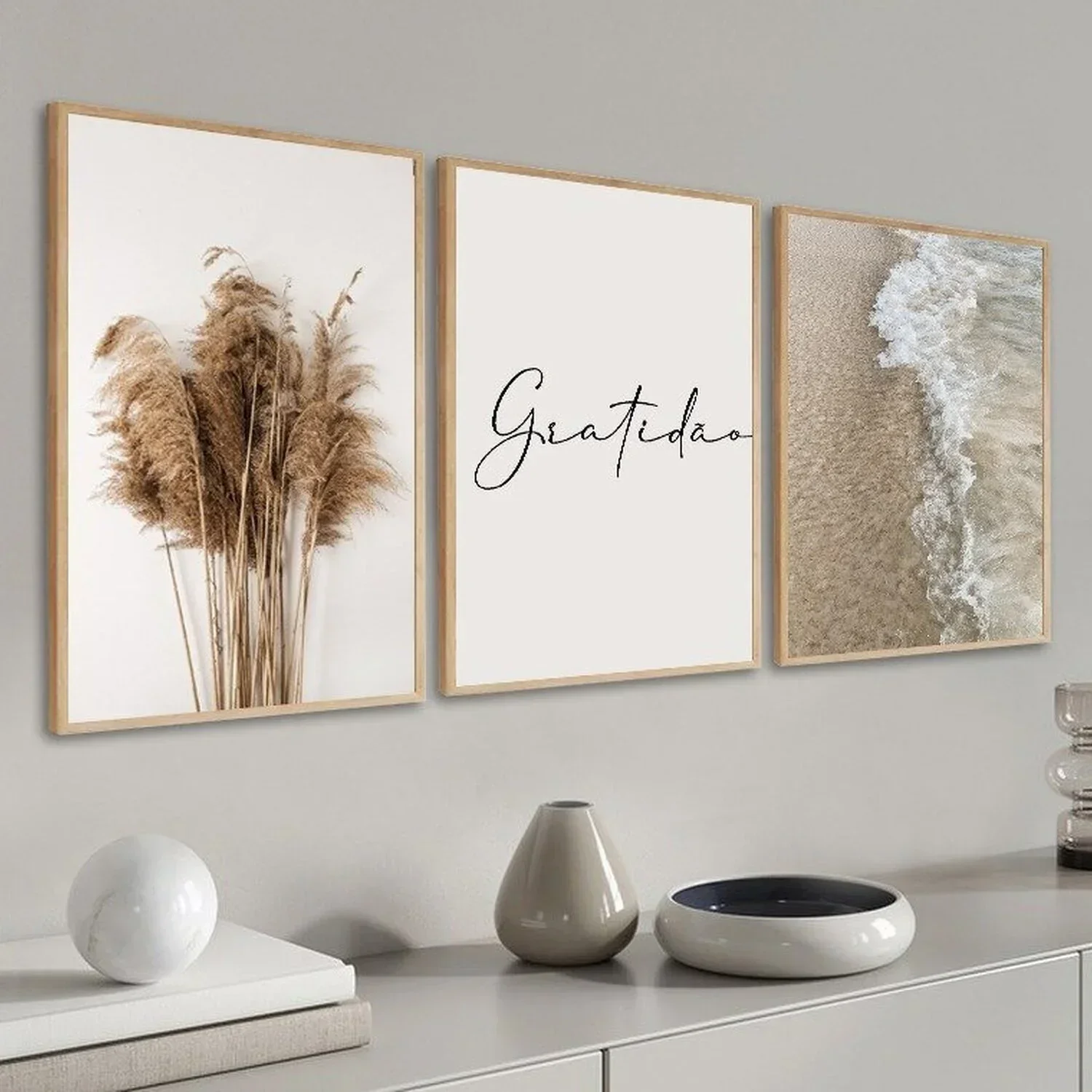 Kit 3 Quadros Decorativos Boho para Sala Quarto Mar Gratidão 60x40 Vinil