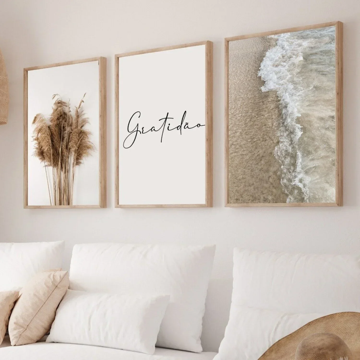 Kit 3 Quadros Decorativos Boho para Sala Quarto Mar Gratidão 60x40 Vinil - 2