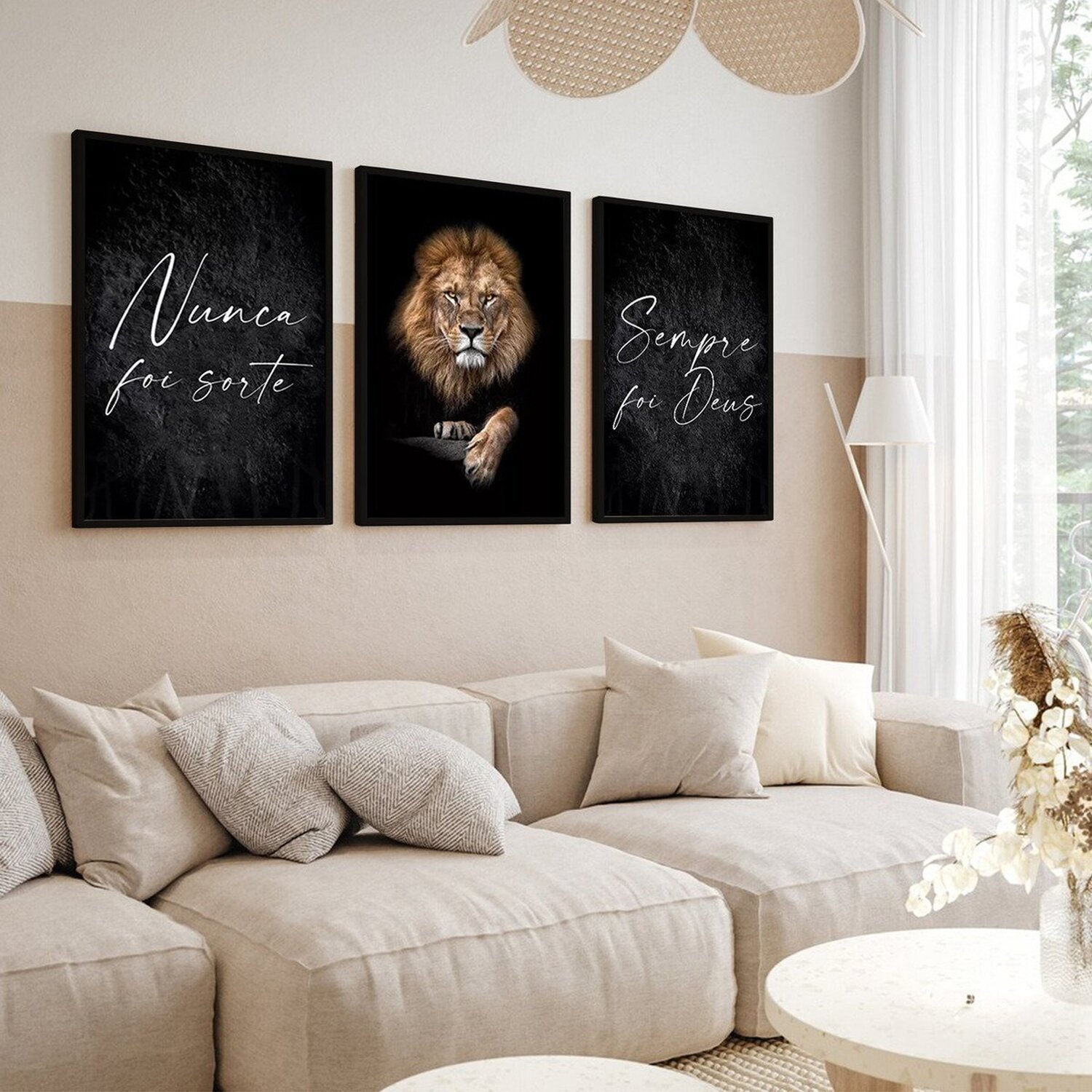 Kit 3 Quadros Decorativos Leão Frase Nunca Foi Sorte P Sala 60x40 Vinil - 3