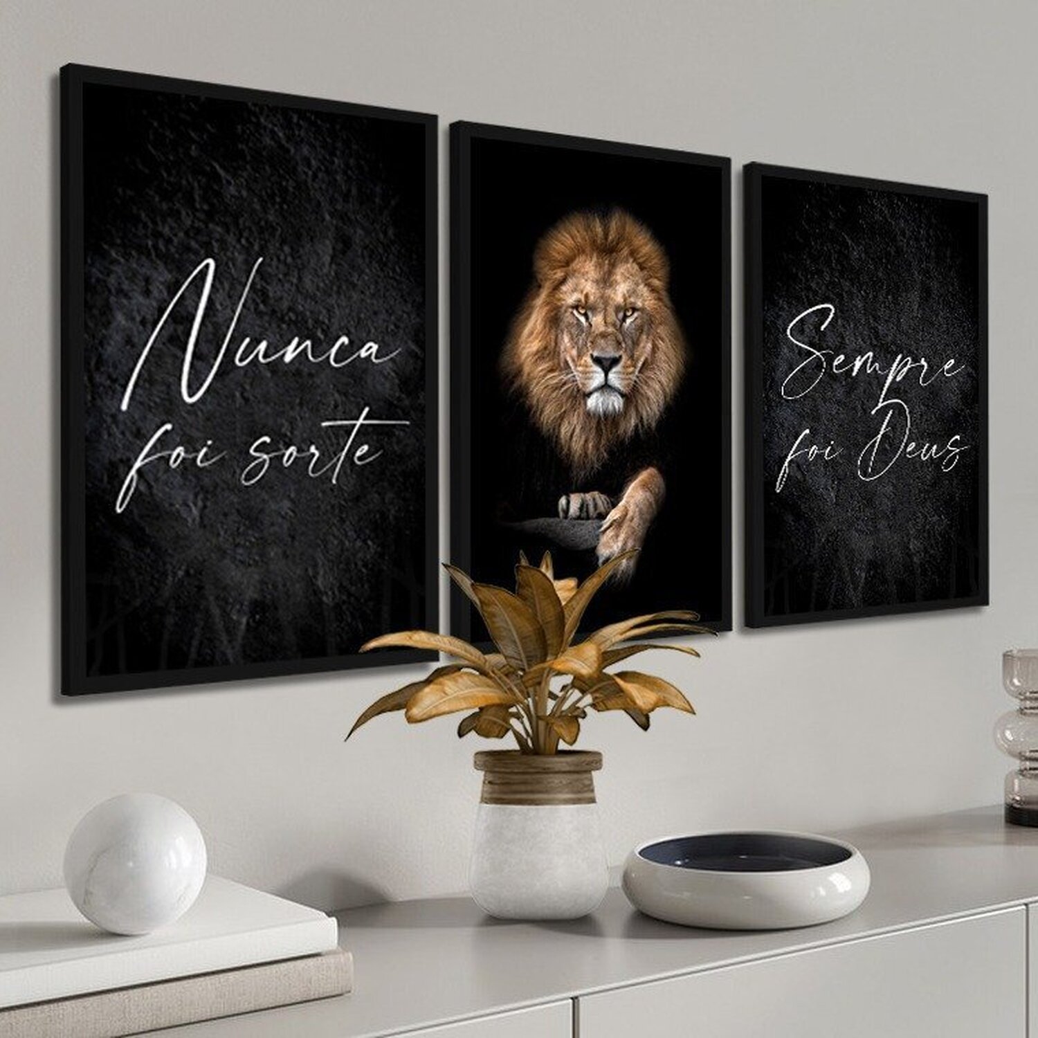 Kit 3 Quadros Decorativos Leão Frase Nunca Foi Sorte P Sala 60x40 Vinil - 4