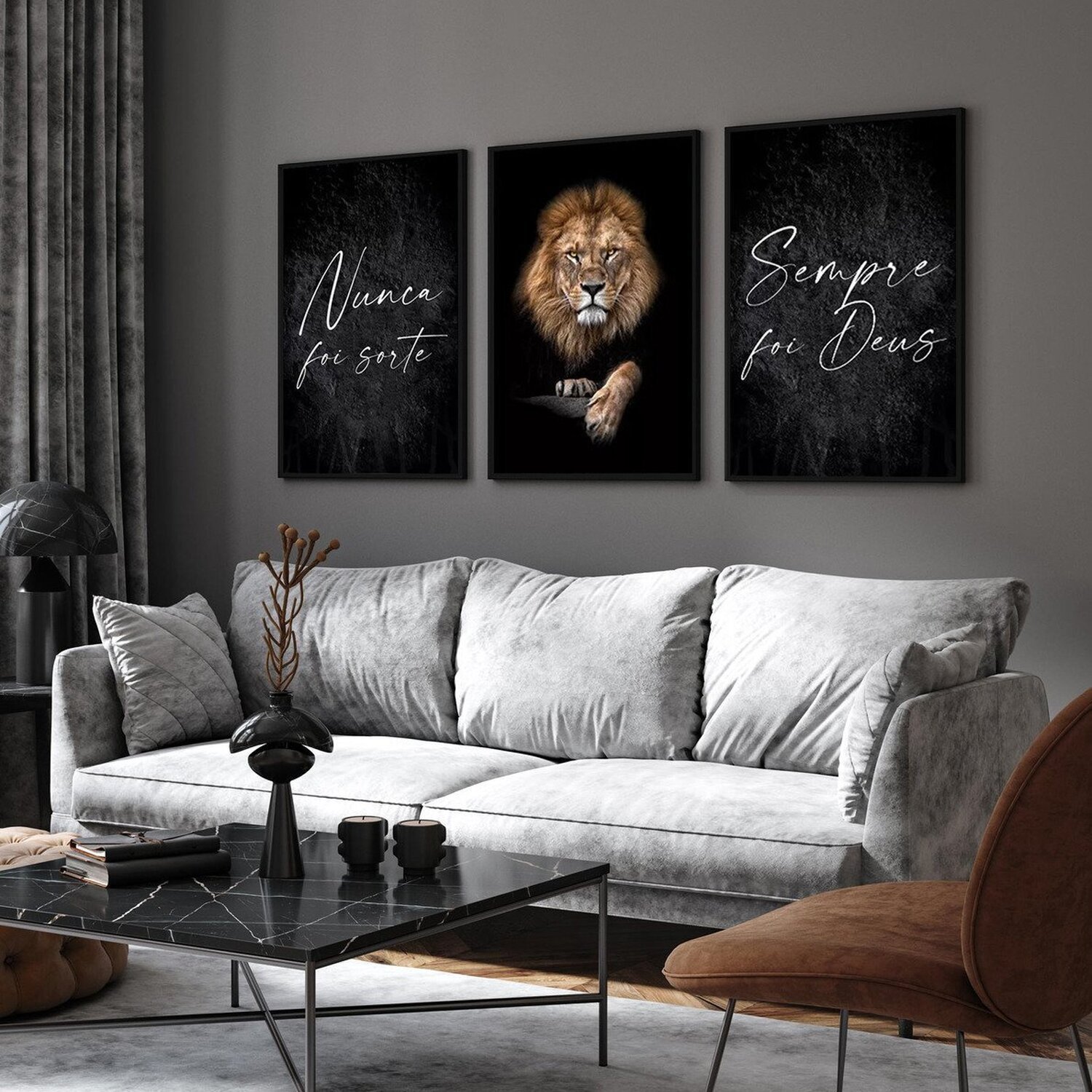 Kit 3 Quadros Decorativos Leão Frase Nunca Foi Sorte P Sala 60x40 Vinil - 2