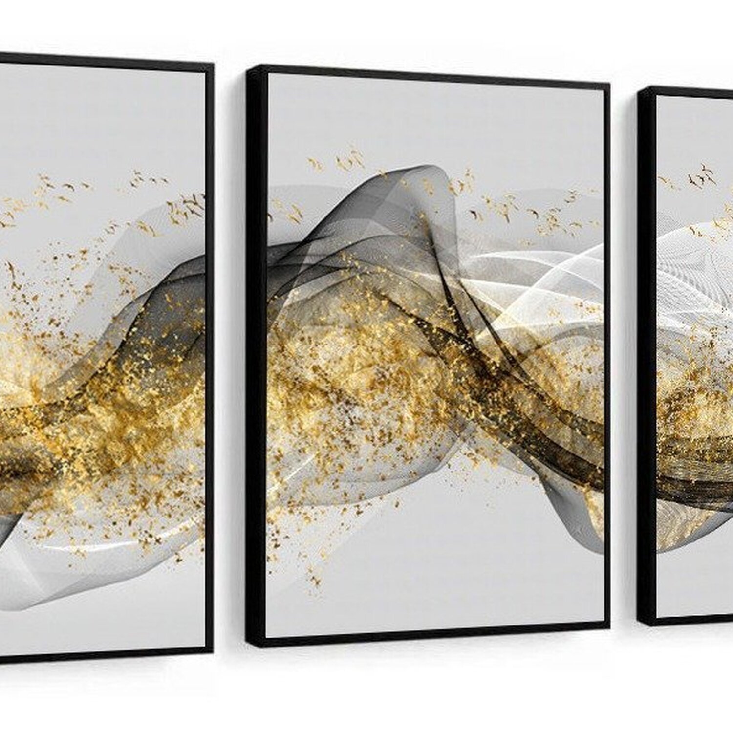 Kit 3 Quadros Decorativos Dourado Efeito Ondas Luxo Sala 60x40 Vinil - 1