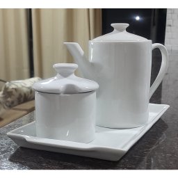Jogo Café e Chá Mesa Posta, Bandeja + Bule Bico Longo 800ml + Açucareiro 250ml - Kit Porcelana Branc - 1