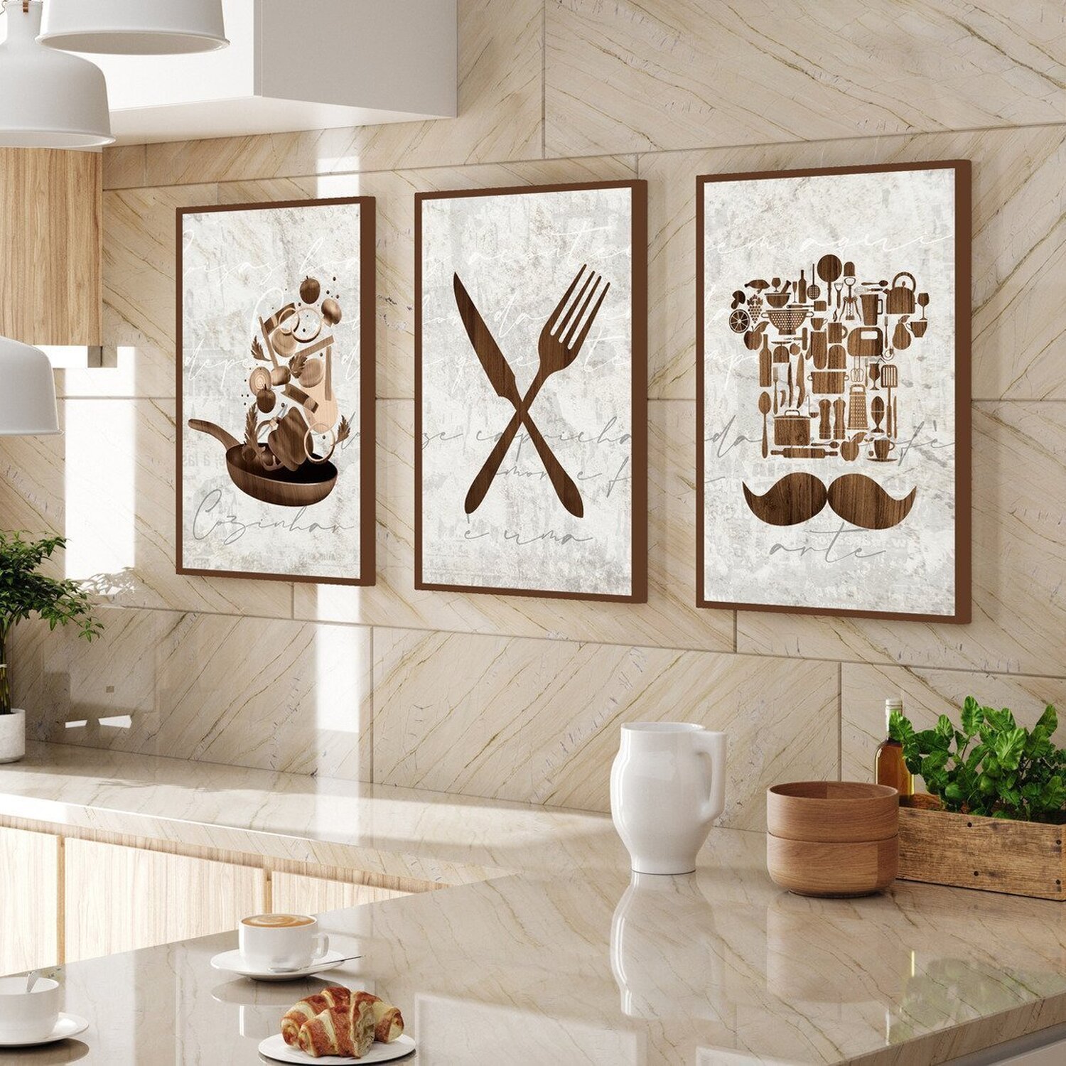 Kit 3 Quadros Decorativos Cozinha Retrô Moderno Luxo 60x40 Vinil - 3