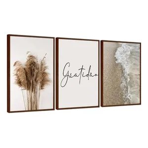 Kit 3 Quadros Decorativos Frase Folhagem Praia Gratidão Boho 60x40 Vinil