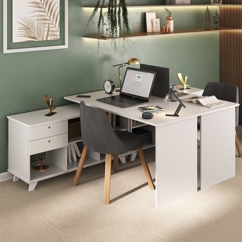Kit Home Office e Escritório Completo para 2 Pessoas - 2 Peças - Escrivaninha Gold Retrô Branco Artany