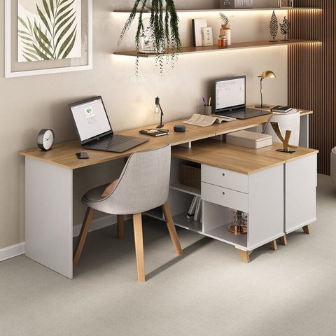 Kit Home Office e Escritório Completo para 2 Pessoas - 2 Peças - Escrivaninha Gold Retrô Branco/Olmo Artany