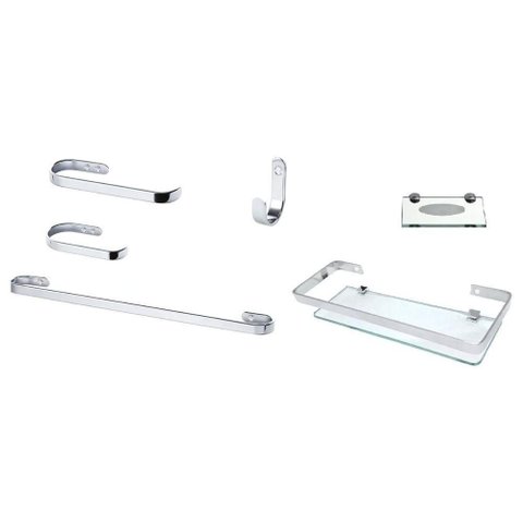 Kit Banheiro Th Shop 6 Peças Aluminio Macico Polido com Saboneteira e Porta Shampoo Vidro 8mm
