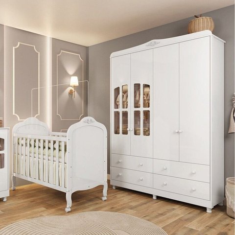 Quarto de Bebê com Berço Mini Cama e Guarda Roupa com Janela Maya Clássico Espresso Móveis Branco/Brilho