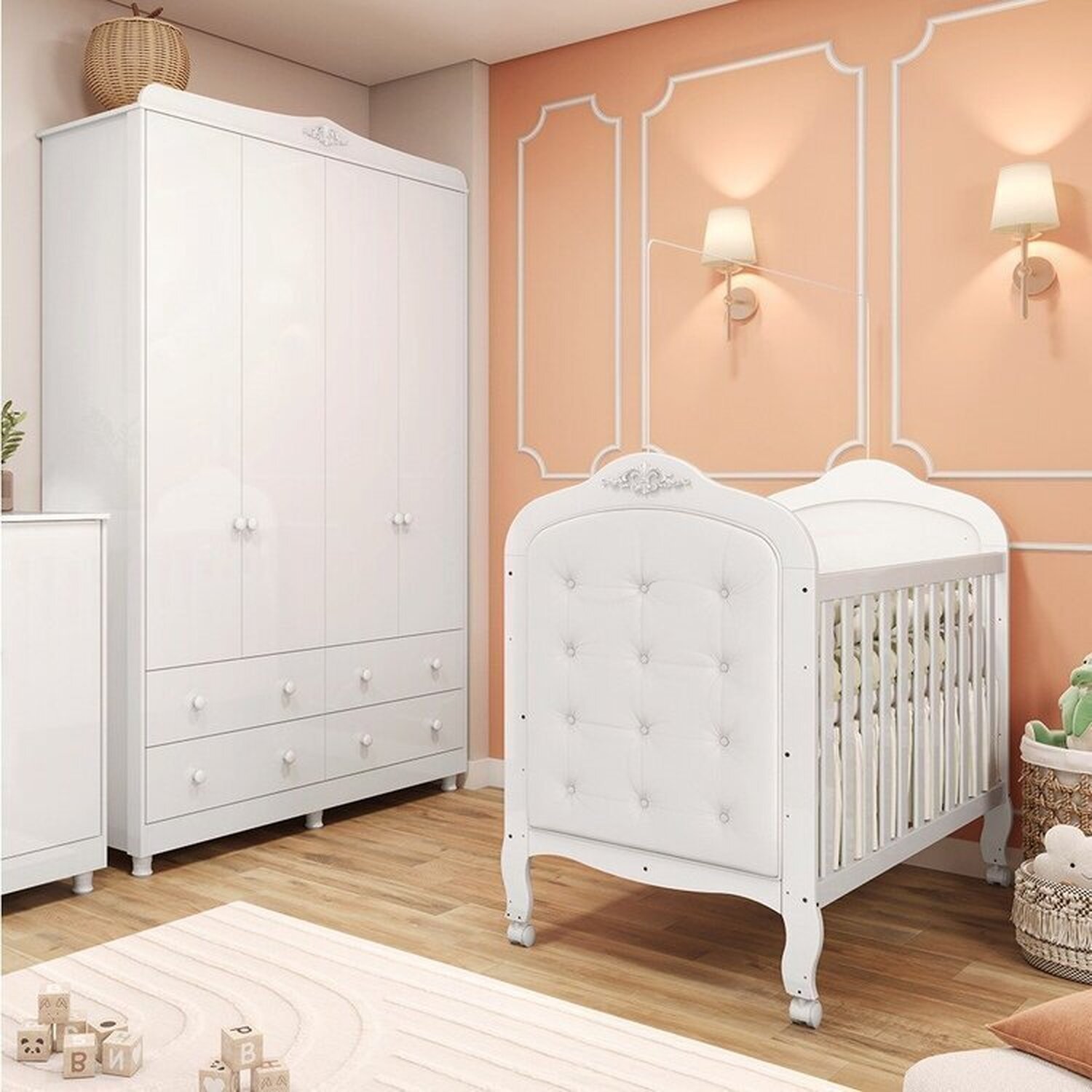 Quarto de Bebê Berço com Capitonê e Guarda Roupa 4 Portas Maya Clássico Espresso Móveis Menor preço em Quarto de Bebê Berço com Capitonê e Guarda Roupa 4 Portas Maya Clássico Espresso Móveis