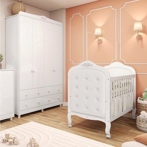 Quarto de Bebê Berço com Capitonê e Guarda Roupa 4 Portas Maya Clássico Espresso Móveis Branco/Brilh