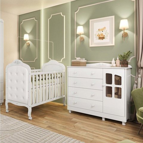 Quarto de Bebê Berço com Capitonê e Cômoda com Janela Maya Clássico Espresso Móveis Branco/Brilho