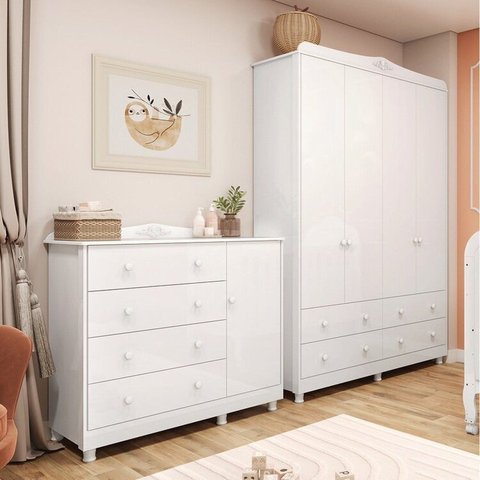Quarto Infantil com Guarda Roupa 4 Portas e Cômoda 1 Porta 100% MDF Maya Clássico Espresso Móveis Br