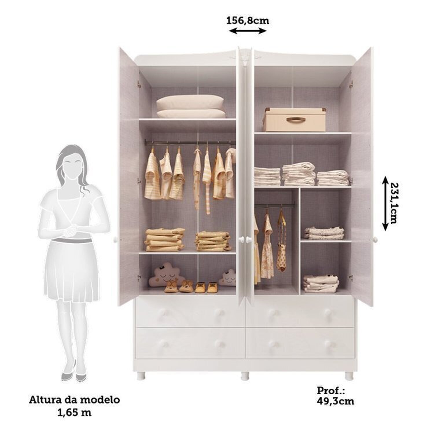 Quarto Infantil com Guarda Roupa 4 Portas e Cômoda 1 Porta 100% Mdf Maya Clássico Espresso Móveis - 3