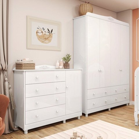 Quarto Infantil com Guarda Roupa 4 Portas e Cômoda 1 Porta 100% MDF Maya Clássico Espresso Móveis Branco/Brilho
