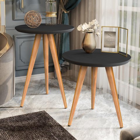 Conjunto 2 Mesas Classic para Sala com Pés Estilo Retrô Palito - Preto