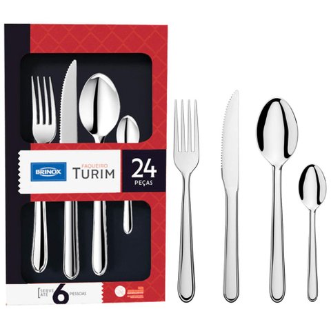 Faqueiro Aço Inox 24 Peças Brinox Facas para Churrasco Garfos Colheres de Mesa e Chá