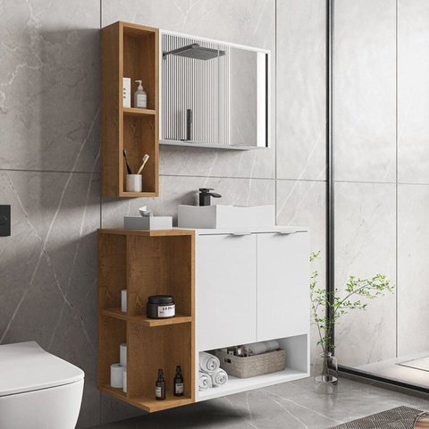 Kit com 5 Gabinetes com Cuba e Espelheira Ibiza Branco/Marrome