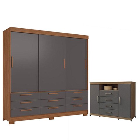 Guarda Roupa Casal 3 Portas 9 Gavetas Morretes e Cômoda Havana Master com Rodízio Jatobá Grafite - S