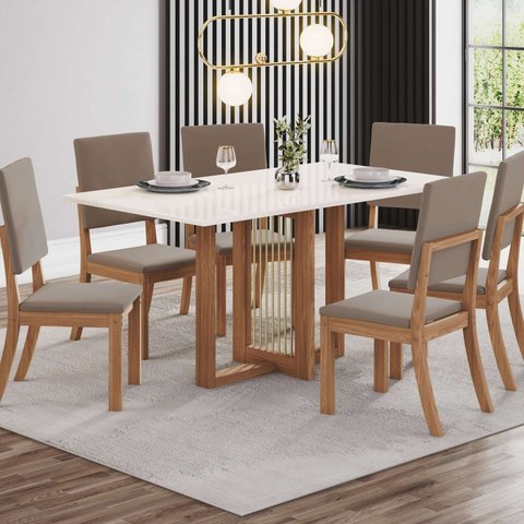 Conjunto Sala Jantar Canto Reto 6 Cadeiras Kelly Espresso Móveis Off White/Nature/Marrom