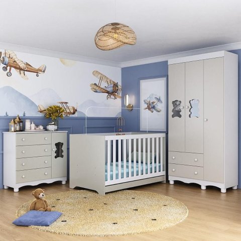 Quarto de Bebê Completo com Berço Americano 3 em 1 Ternura Multimóveis Mp4655 Branco/off White