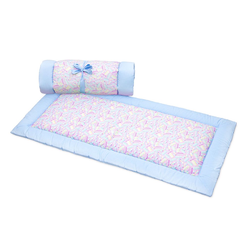 Colchonete Portátil e Acolchoado Pillow Top Berço Bebê 2 em 1 Azul e Rosa Coleção Hipopótamo
