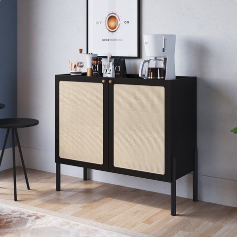 Balcão Bar 2 Portas 93cm Palhinha Pé Madeira Oslo Preto/Nero