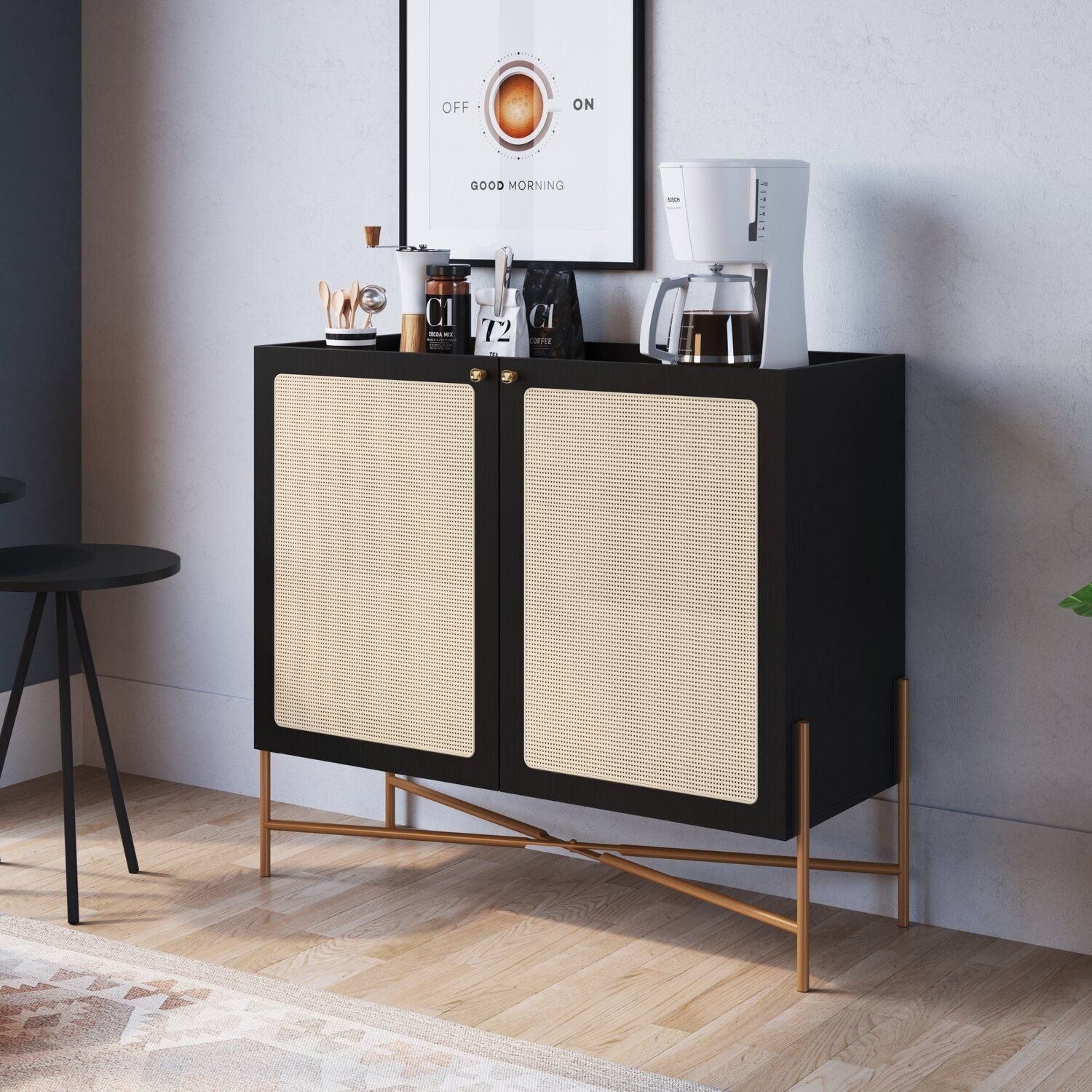 mahaloページ Balcão Bar 2 Portas 93 cm Palhinha Pé Metal Oslo Preto/Nero