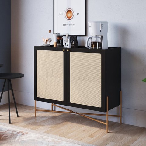 Balcão Bar 2 Portas 93 cm Palhinha Pé Metal Oslo Preto/Nero/Dourado