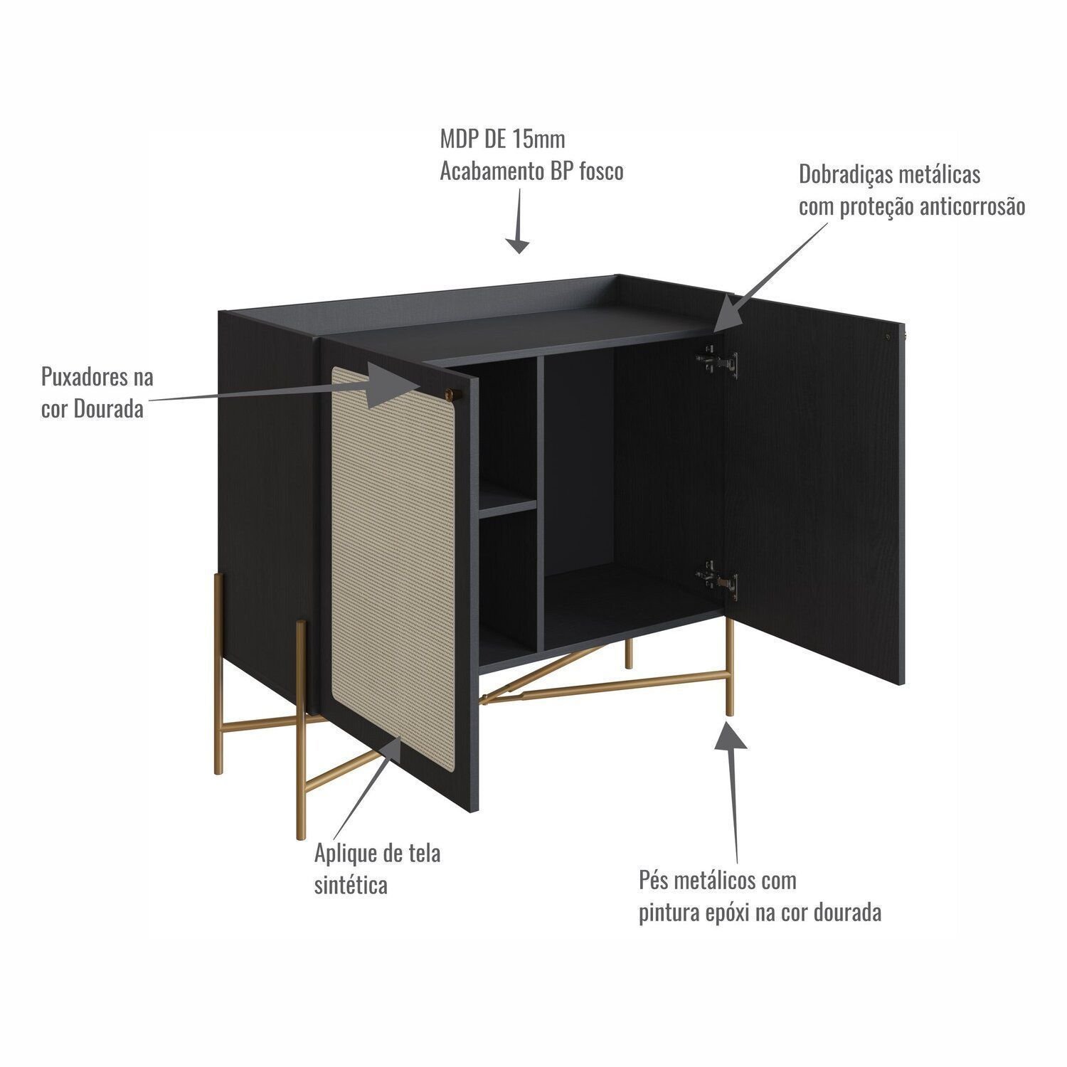 Balcão Bar 2 Portas 93 cm Palhinha Pé Metal Oslo Preto/Nero