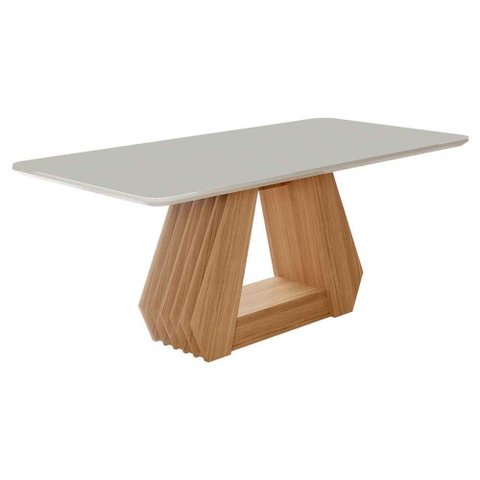 Mesa de Sala Jantar Ágata + Tampo Madeirado Vidro 180x90cm Nature/Off White - Cimol