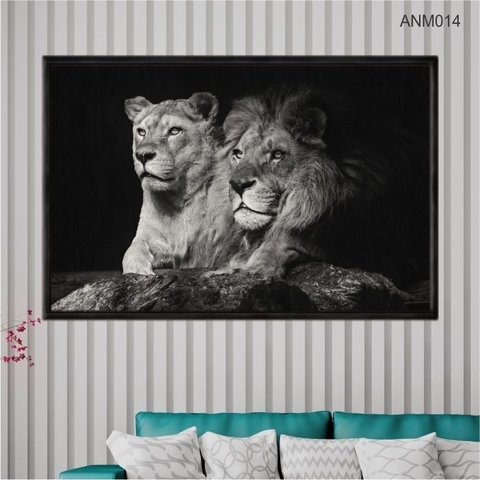 Quadro Decorativo - Casal de Leoes Preto e Branco Anm014 Vidro com Impressão Uv - 80x60cm