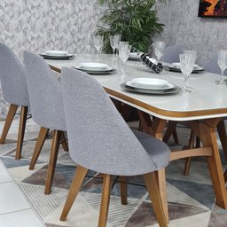 Sala de Jantar Mesa Guiné com 6 Cadeiras Dilly Fixa D'confort Design Linho Mesclado Bege Claro e Esc - 6